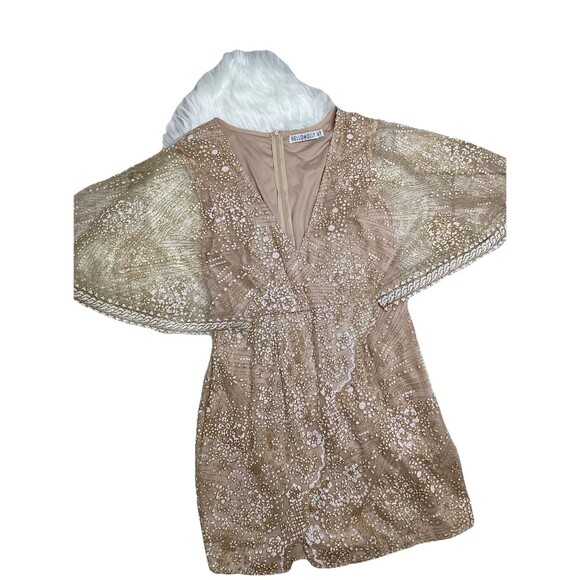 Hello Molly Gold Sheer Embellished Winged Cape Mini Evening Cocktail Dress L - Picture 8 of 8